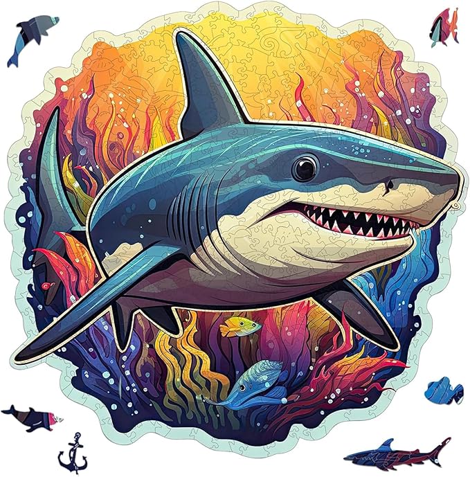 Qiuenisray Wooden Puzzles for Adults, Shark Ocean Jigsaw Puzzles 200 Pieces, Funny Wall Decor, Wood Puzzle, FSC Certified Unique Shape Adult Puzzles Pieces, Creative Gift for Family Game 11.1x11.2 in