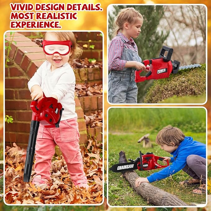 3 Pcs Toy Gardening Tool Set for Kids Toy Leaf Blower Hedge Trimmer Chainsaw Pretend Set with Lights and Sounds Christmas Birthday Gifts for Boys Girls