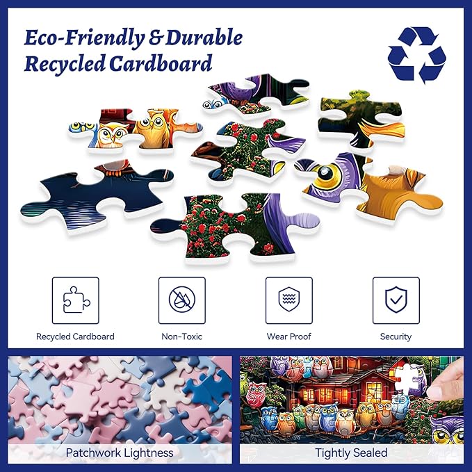 300 Piece Puzzles for Adults, 300 Piece Puzzles for Adults Large Piece, Moonlit Night Owl Village Jigsaw Puzzle, Funny Gift for Adult Kids Senior Challenging Family Games Toy, 20.5 X 15 in