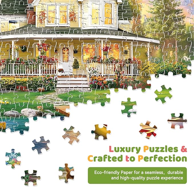 300 Piece Puzzle for Adults, Large Piece Elderly Jigsaw Puzzle, Lakeside Villa with Cat and Garden, Family Kids and Adults Fun Gift, 20.5x15 in