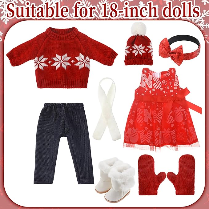 Geyoga Christmas 18 Inch Doll Clothes and Accessories Winter Doll Outfits Set Sweaters Trousers Hats Shoes for 18 Inch Doll Gifts(Snowflake Style)