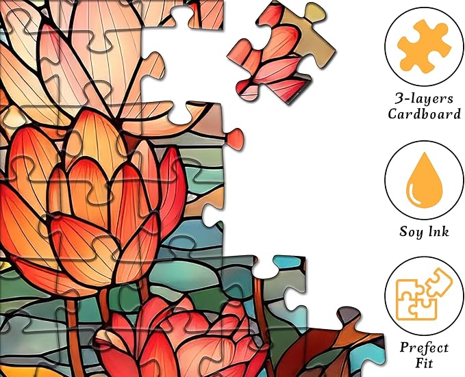 PICKFORU Stained Glass Flower Puzzles for Adults 1000 Pieces, Vintage Art Puzzles Floral, Impossible Hard Challenging for Adults