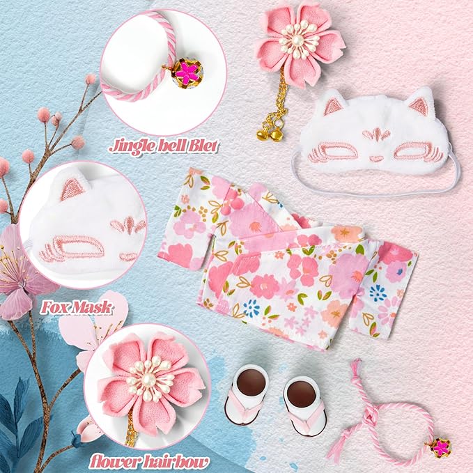 17cm Doll Clothes,Outfit Accessories Kimono Set for 6.7inch Dolls Girl, Kawaii Chic Style Flower Hairbow+Pink Clothing+Cute MasK+Shoes(NO Doll)