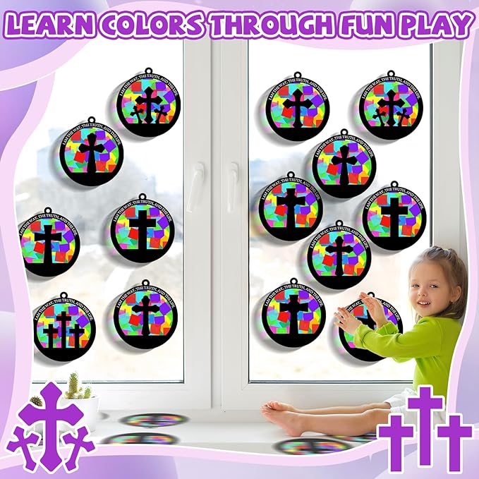 QOUBAI 32 Sets Easter Cross Suncatchers Craft Kit DIY Religious Window Stained Glass Effect Christian VBS Paper Hanging Ornament Kid Sunday School Birthday Gift Creative Art Project Activity Game
