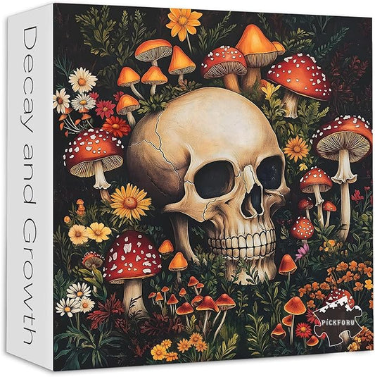 Vintage Mushroom 1000 Piece Puzzle for Adults, PICKFORU Horror Jigsaw Puzzles Skeleton Skull, Colorful Wildflower Puzzles for Adults, Terror Skull Puzzle as Mushroom Art