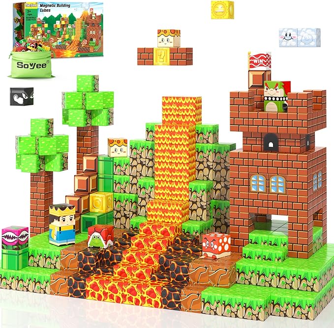 Soyee Magnetic Blocks - Build Mine Magnet World Kids Games Magnet Building Toys Kingdom & Lava World Adventure 1'' Magnetic Cubes STEM Toys Christmas Birthday Gifts for 3+ Years Old Boys Girls