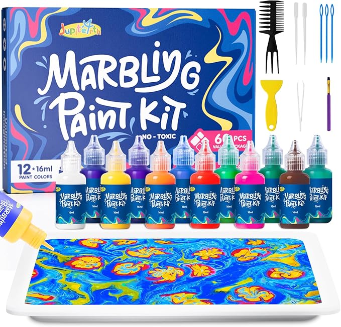JUPITEARTH 60Pcs Water Marbling Paint Kit, Arts and Crafts for Girls & Boys, Art Supplies for Kids Ages 3-5 4-8 8-12, Marbling Paint for DIY Crafts, Christmas and Birthday Gifts