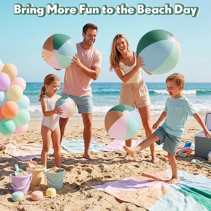 4 Pack Beach Balls in 4 Sizes (24" 16" 12" 8"), Inflatable Pastel Pool Balls for Kids Adults, Summer Beach Party Hawaiian Luau Birthday Party Supplies, Water Toys Gifts(Morandi)