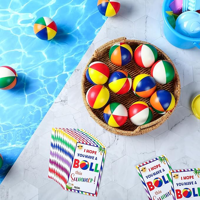 24 Sets End of Year Student Gift Small Beach Stress Balls 2.5 Inch Mini Relief Stress Swimming Pool Ball with Have a Ball Gift Card for Classroom Prizes Summer Holiday Party(Classic Color)