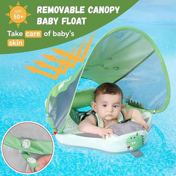 Mambobaby Baby Swim Float with Canopy Non-Inflatable Infant Pool Float with Tail 3-24 Months Avoid Flip Solid Skin-Friendly Material for Toddler Boys Girls