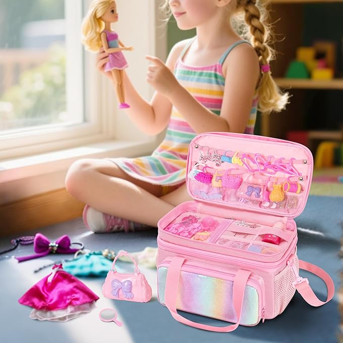 GRAOSO Carrying Case Compatible with Barbie Doll Clothes, Doll Accessories Storage Organizer, Double Layer Design, with Handle and Detachable Shoulder Strap, Case only (Pink)