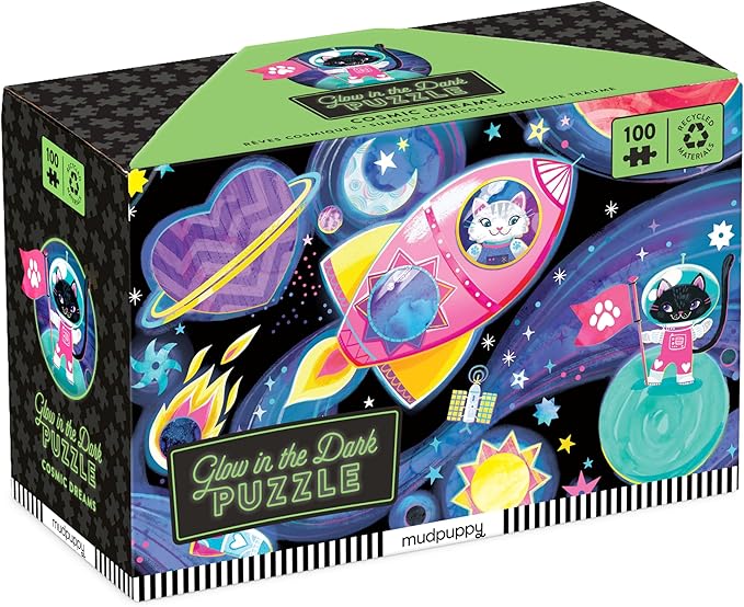 Mudpuppy Cosmic Dreams – 100 Piece Glow in The Dark Jigsaw Puzzle with an Outer Space Scene of Astronaut Cats and Hidden Planetary Details in The Dark