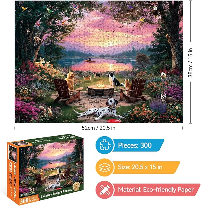 300 Piece Puzzles for Adults, 300 Piece Puzzles for Adults Large Piece, Lake Sunset Dogs Campfire Jigsaw Puzzle Funny Gift for Adult Kids Challenging Family Games Toy, 20.5 X 15 in