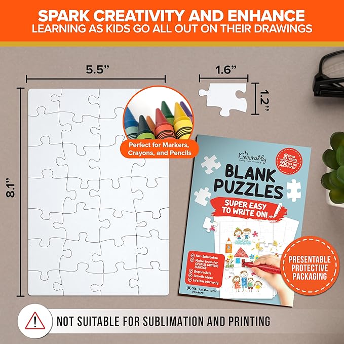 Decorably 8 Pack Blank Puzzles for Kids Set with Matte Finish, 28pcs Each 5.5x8in to Draw On for Boys & Girls Activities, Arts & Crafts, DIY Projects or Party Favors