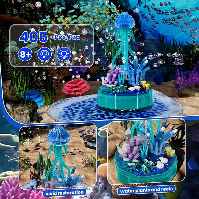 Sea Creature Collections Jellyfish Building Sets with Seaweed and Coral, 10101 Sea Animal Building Kits for Adults and Kid Boys Girls 8 9 10, 405 PCS Natural Style Ocean STEM Toy Music Box with Lights