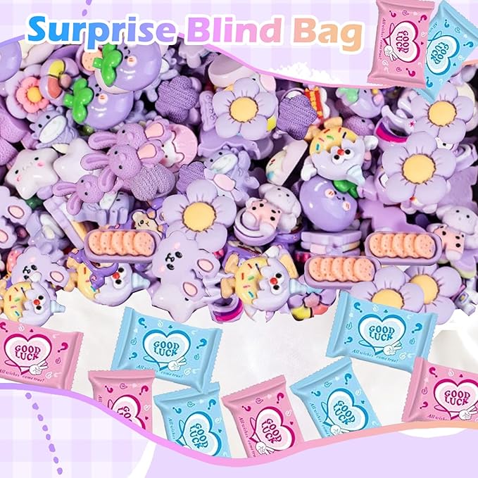 50PCS Purple Series Cartoon Resin Mystery Blind Bag – Mini Cute Figures for Kids Crafts, Tiny Random Toy Charms, DIY Phone Case Decorations, Surprise Collectible Resin Miniatures Variety Pack