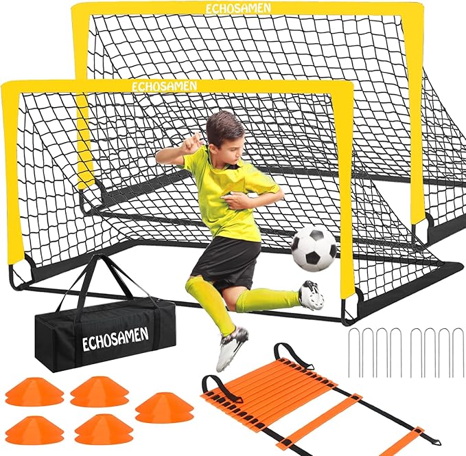 Kids Soccer Goals for Backyard, 2 of 6 x 4 ft Kids Soccer Goal Set Soccer Net with 10 Soccer Cones, Agility Ladder & Carry Bag, Portable Soccer Training Equipment.