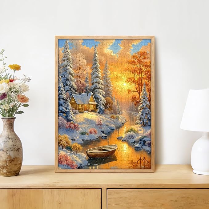 Winter Cabin 1000 Piece Puzzle for Adults - Snowy Forest & River Boat Art, Poster & Lettered Back, 20"x28" HD, Gift for Winter & Nature Lovers
