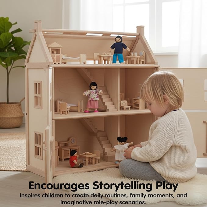 PlanToys® Family Wooden Dollhouse Figurine Set | 4 Poseable 1:12 Scale Mini Dolls (Parents & Kids) | Dollhouse Accessories for Pretend Play | Eco-Friendly Montessori Toy for Kids Ages 3+