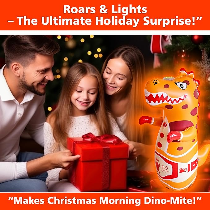 Marwan Sports Punch, Light & Roar Dinosaur Punching Bag – 47" Inflatable Bop Bag for Kids Ages 3-14 | Bounce-Back Toy with Lights & Roaring Sounds | Active Play Gift for Toddlers & Children