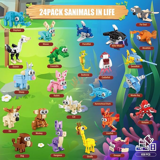 24 Packs Animals Building Sets for Kids,3 in 1, 72 Kinds of Transformable Building Block Toy,Compatible with Lego Party Favors,Classroom Student Prizes Birthday Gifts for Kid Age 6+