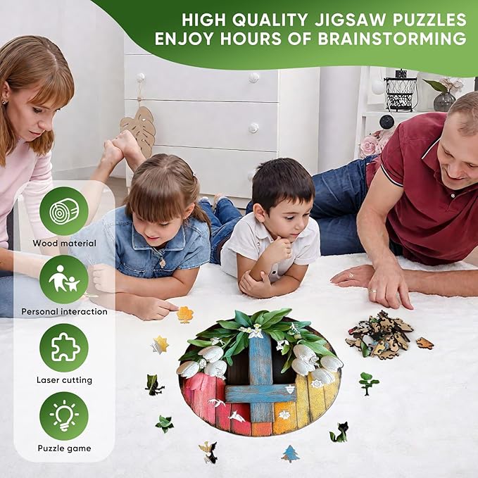 Pikoqunc Wooden Puzzles for Adults,201 Pieces 11.4x11.3 Inches,Tulip Cross Laser-Cut Jigsaw with Premium Smooth Wood Texture,Relaxing Art Puzzle Gift for Friends and Family in Exquisite Box