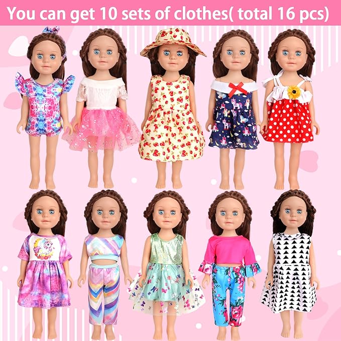 10 Sets of 18 Inch American Doll Clothes, Including 10 of Doll Clothing Dress Outfits for Gift Dolls, Birthday Gifts for Kids