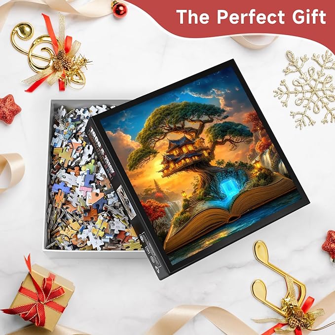 Magical Book Treehouse 1000 Piece Jigsaw Puzzle for Adults - Fantasy Asian Treehouse with Waterfall & Lanterns, Poster & Lettered Back, 22.8" Square HD Quality, Unique Gift for Book & Fantasy Lovers