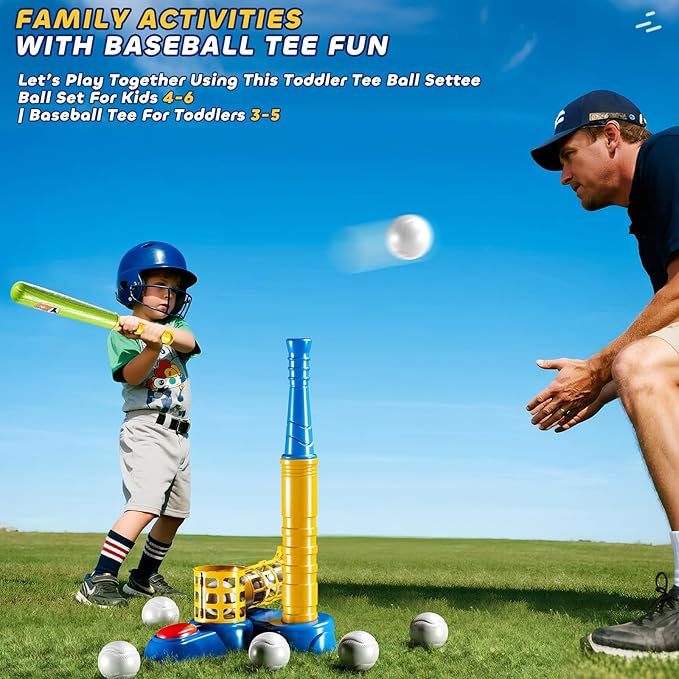 T Ball Sets for Kids 3-5, Baseball T-Ball Set with 10 Balls, Outdoor Sport Toy Games for 3-12 Year Old Boys Girls Toddlers, Training Batting Tee for Backyard and Lawn Play