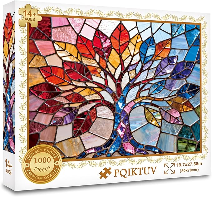 1000 Piece Adult Puzzle, Rainbow Stained Glass Tree of Life Jigsaw, Puzzles for Adults Colorful Geometric Mosaic Puzzles, Home Decor Gift for Art & Nature Lovers