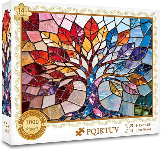 1000 Piece Adult Puzzle, Rainbow Stained Glass Tree of Life Jigsaw, Puzzles for Adults Colorful Geometric Mosaic Puzzles, Home Decor Gift for Art & Nature Lovers