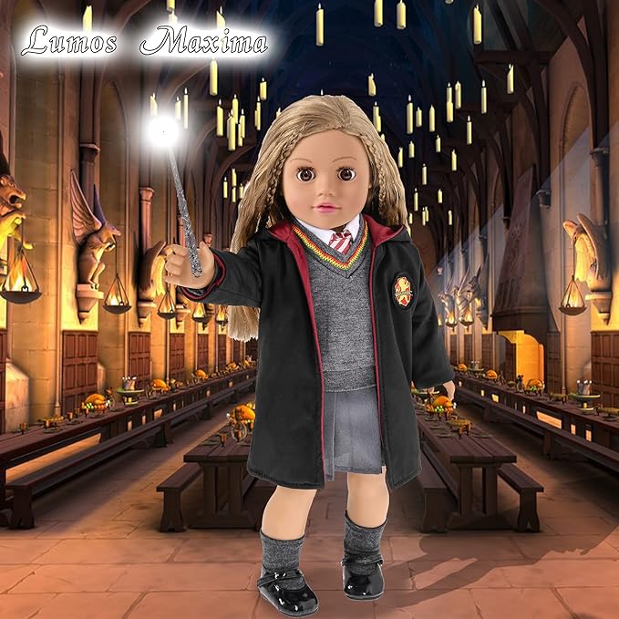 18 Inch Doll Clothes - 8 Pcs Inspired Magic School Costume Uniform Outfit, Doll Accessories with Magic Wand & Robes, Gift for Girls (No Doll)