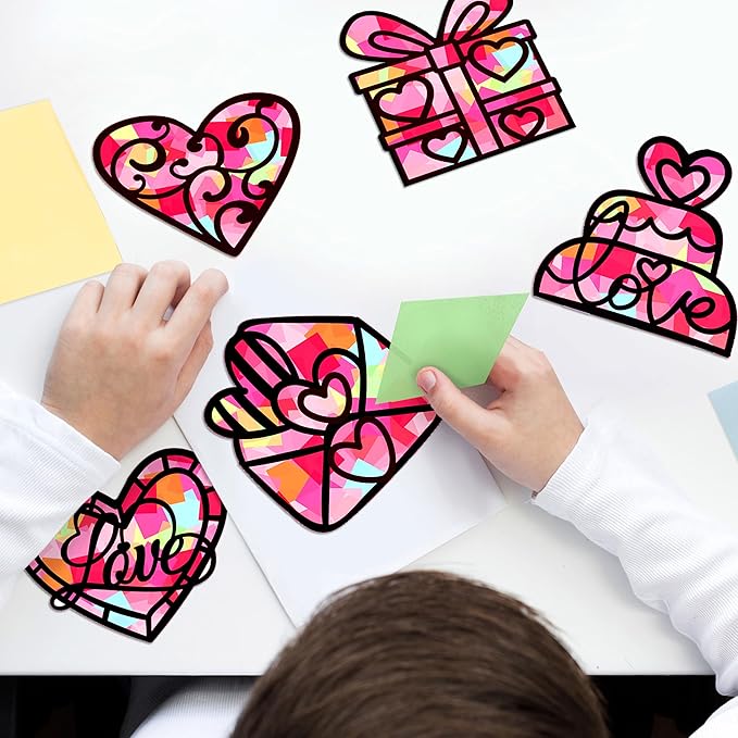 Renbuzhu 40PCS Valentines Day Crafts: Paper Heart Suncatchers, Christmas Valentine's Classroom DIY Kits, Window Stained Glass Effect Art Supplies