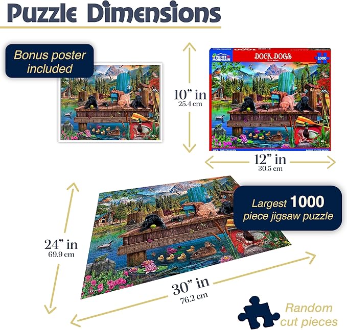 White Mountain 1000 Piece Jigsaw Puzzle Summer Dog Lake Day Puzzles with Large Piece for Adults and Family 24"x30" - Dock Dogs
