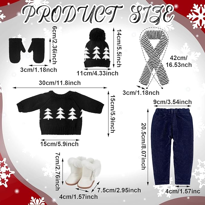 Bencailor 6 Pcs 18 Inch Christmas Doll Clothes and Accessories Winter Outfits Set Sweaters Trousers Hats Shoes Gloves for 18 Inch Doll Gifts(Black, White)
