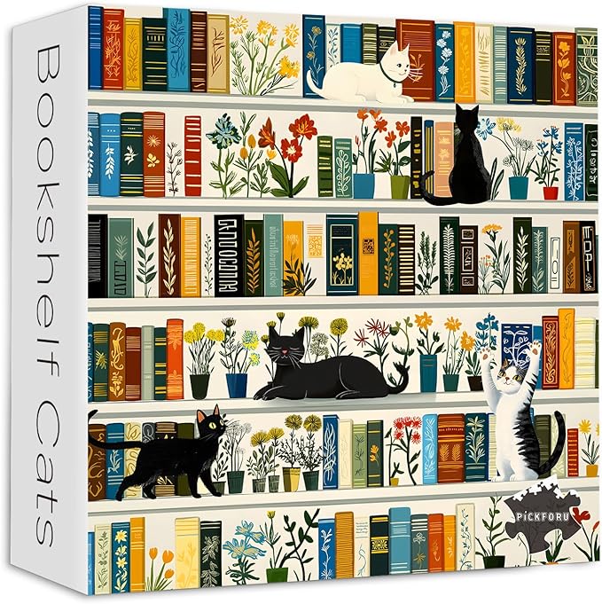 Retro Bookshelf Book Jigsaw Puzzles 1000 Pieces, PICKFORU Vintage Cat Flower Puzzles for Adults Wildflower, Funny Cute Kitten Theme as Wall Decor