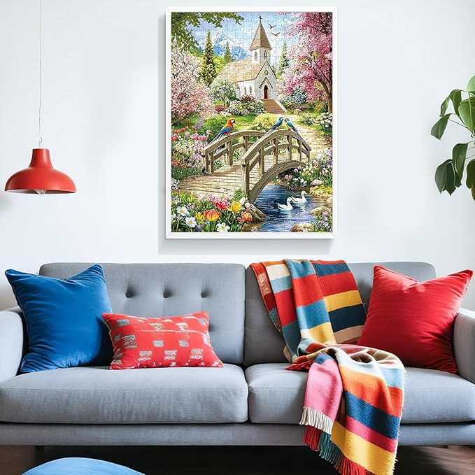 Puzzles for Adults 500 Pieces,Charming Lakeside Church Puzzle for Adults,Beautiful Flower & Parrot Jigsaw Puzzles for Seniors,Puzzles for Family Game Nights & Holiday Party Gifts,20.5x15 in