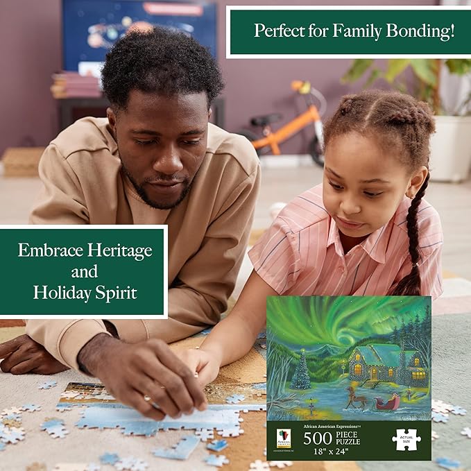 African American Expressions - Northern Lights Christmas Scene Puzzle – 500-Piece African American Jigsaw Puzzle for Adults | Winter Holiday Puzzle with Stunning Artwork