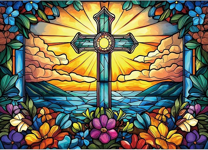 MINIWAN Stained Glass Floral Christian Cross Puzzles for Adults 1000 Pieces, Colorful Sunburst Ocean Cross Jigsaw Puzzle, Religious Gift for Christian Believers Easter Gifts 27.5x19.7 Inch
