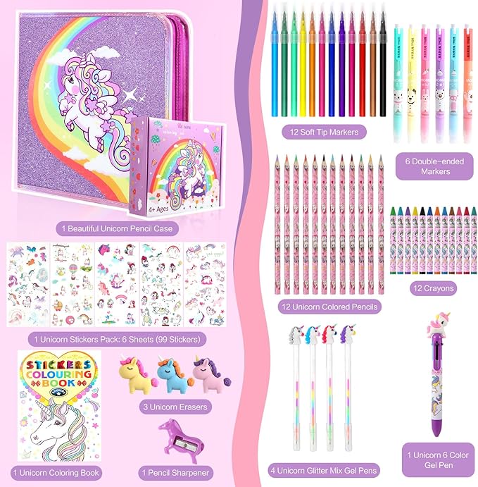 CozyJoyz Unicorn Washable Marker Set, 59 Pcs Arts and Crafts Coloring Set for Kids, Drawing Art Supplies Birthday Gifts for Girls Toys 4 5 6 7 8 9 Year Old (Purple)