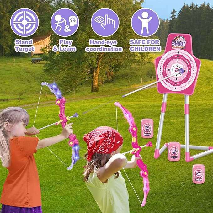 SpringFlower 2 Bow and Arrow Sets with LED Light-up,2 Foam Dart Guns for Kids 5 6 7 8 9 10+ Years Old, Archery Set with Standing Target for Boys & Girl, Ideal Gift