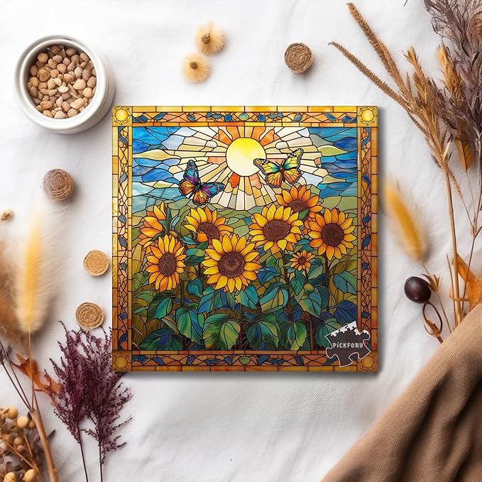 Stained Glass Puzzles for Adults 1000 Pieces and up, PICKFORU Sunflowers Puzzle as Home Decor, Butterfly Flower Puzzles as Home Decor