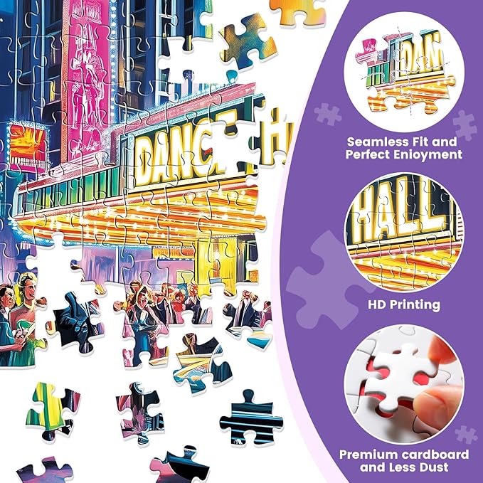 300 Piece Puzzles for Adult, Neon Dance Hall Puzzle, Classic Car Vintage Jigsaw Puzzle, Recycled Cardboard Large Piece Puzzle, Challenging Family Activity Game Gift for Friend 20.5 * 15 Inch