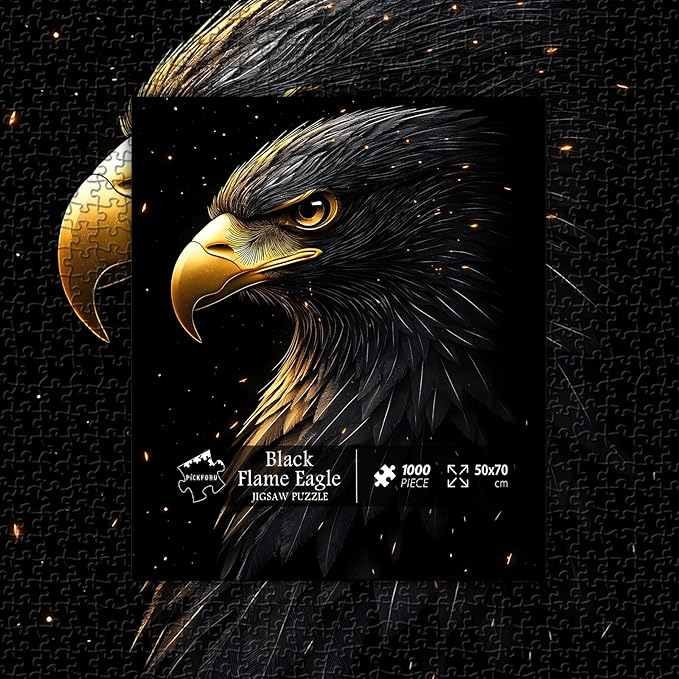 Black Flame Eagle Jigsaw Puzzle 1000 Pieces for Adults, Majestic Bald Eagle Bird Puzzles with Gold Beak and Dark Feathers, Wildlife Animal Jigsaw Puzzle, Unique Challenging Impossible Hard Puzzle