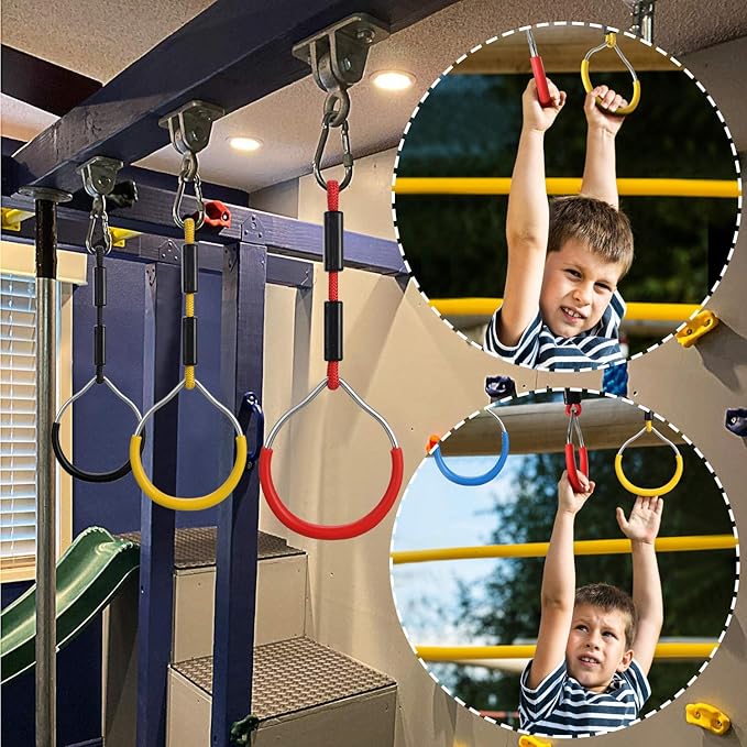PELLOR 4-Pack Colorful Ninja Rings -Gymnastic Rings, Ninja Slackline Obstacle Course Accessories, Backyard Playground Training Equipment Play Set for Kids Adult