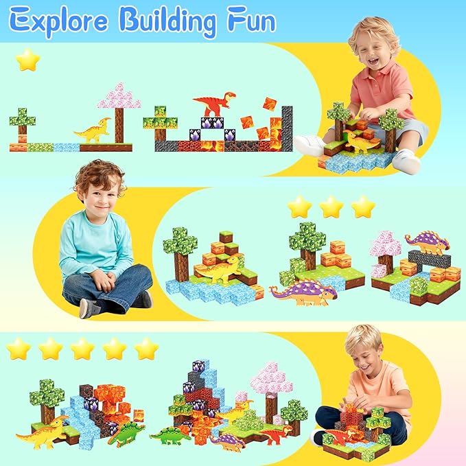 158PCS Magnetic Blocks- 1Inch Magnetic Cubes 3D Dinosaur World for Kids STEM Construction Toys - Learning Educational Magnetic Building Blocks for Boys & Girls Ages 3 -12 Christmas Birthdays Gifts