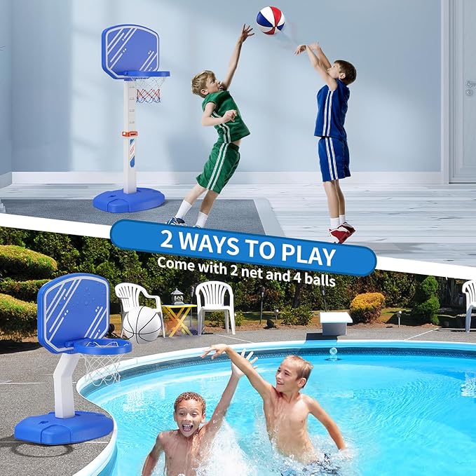 Pool Basketball Hoop, Poolside Basketball Hoop for Swimming Pool, Includes 4 Balls and Pump, Adjustable Height Indoor Outdoor Play, Pool Toys Game for Kids