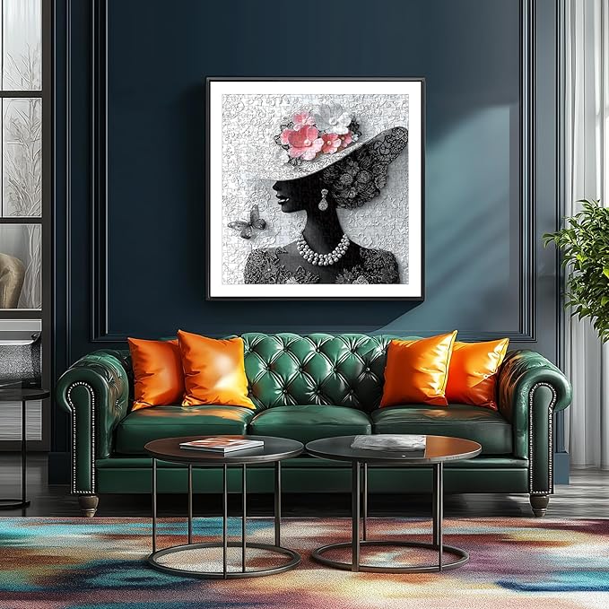 Elegant Woman with Floral Hat 500 Piece Jigsaw Puzzle for Adults, Black and White with Pink Flowers, 20 x 20 Inches Vintage Artwork for Home Decor, Perfect for Stress Relief