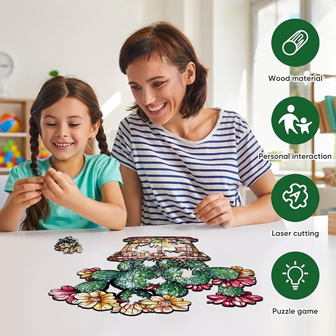 Delobil Stained Glass Cactus Wooden Puzzles for Adults, 500 Pieces Jigsaw Puzzles, Unique Shaped Royal Size Wood Puzzle Gift for Adults and Kids, Family Game 15.2'' x 17.7''