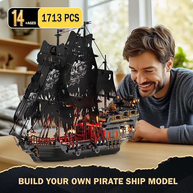 JMBricklayer Pirate Ship Building Toys with Lights, Pearl Pirate Ship Model Boat Kit 40002, Black Ship Toy Building Sets for Adult Teens 14+, Home Office Decor Valentines Gifts(1713 PCS) New Upgrade
